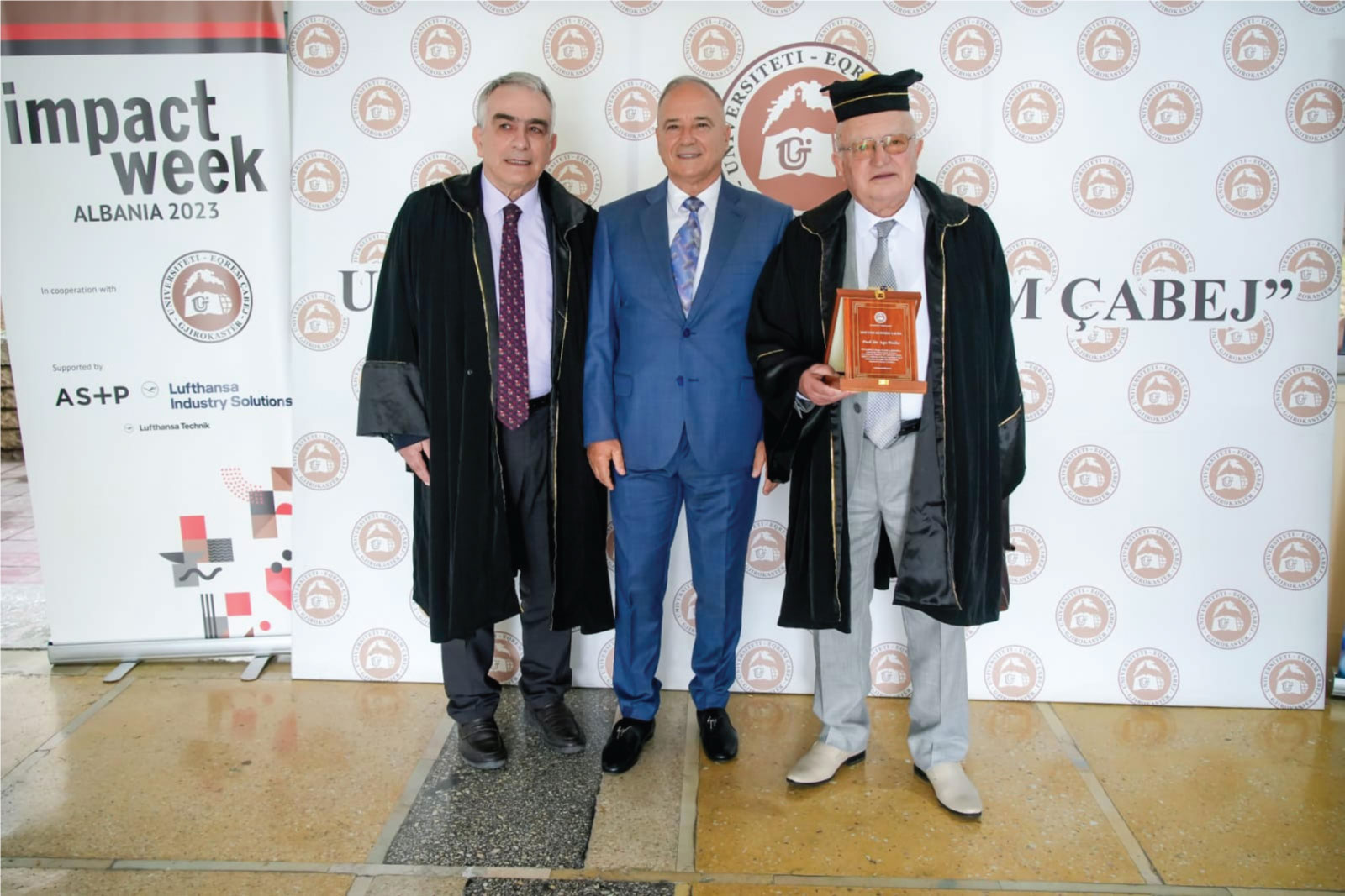 Prof  Ago Nezha dhe Prof  Pëllumb Xhufi nderohen me  Doctor Honoris Causa  Universiteti  Eqerem Çabej 