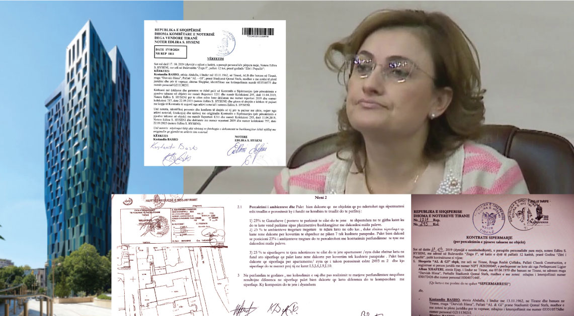Evelina Qirjako  ish gjyqtarja milionere e Gjykatës së Lartë  që ka zaptuar objektin e pronarit të tokës në  Kullën Alban Tower  në qendër të Tiranës