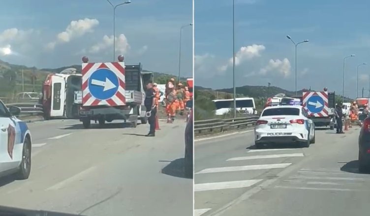 Kamioni me inerte përmbyset në aksin Elbasan Peqin  vështirësi në qarkullim