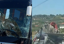 Aksidenti në aksin Elbasan-Peqin, kamionçina përplaset me autobusin përfundoi në kanal, pasagjerët në panik dalin në rrugë. Ambulanca në vendngjarje