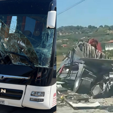 Aksidenti në aksin Elbasan Peqin  kamionçina përplaset me autobusin përfundoi në kanal  pasagjerët në panik dalin në rrugë  Ambulanca në vendngjarje