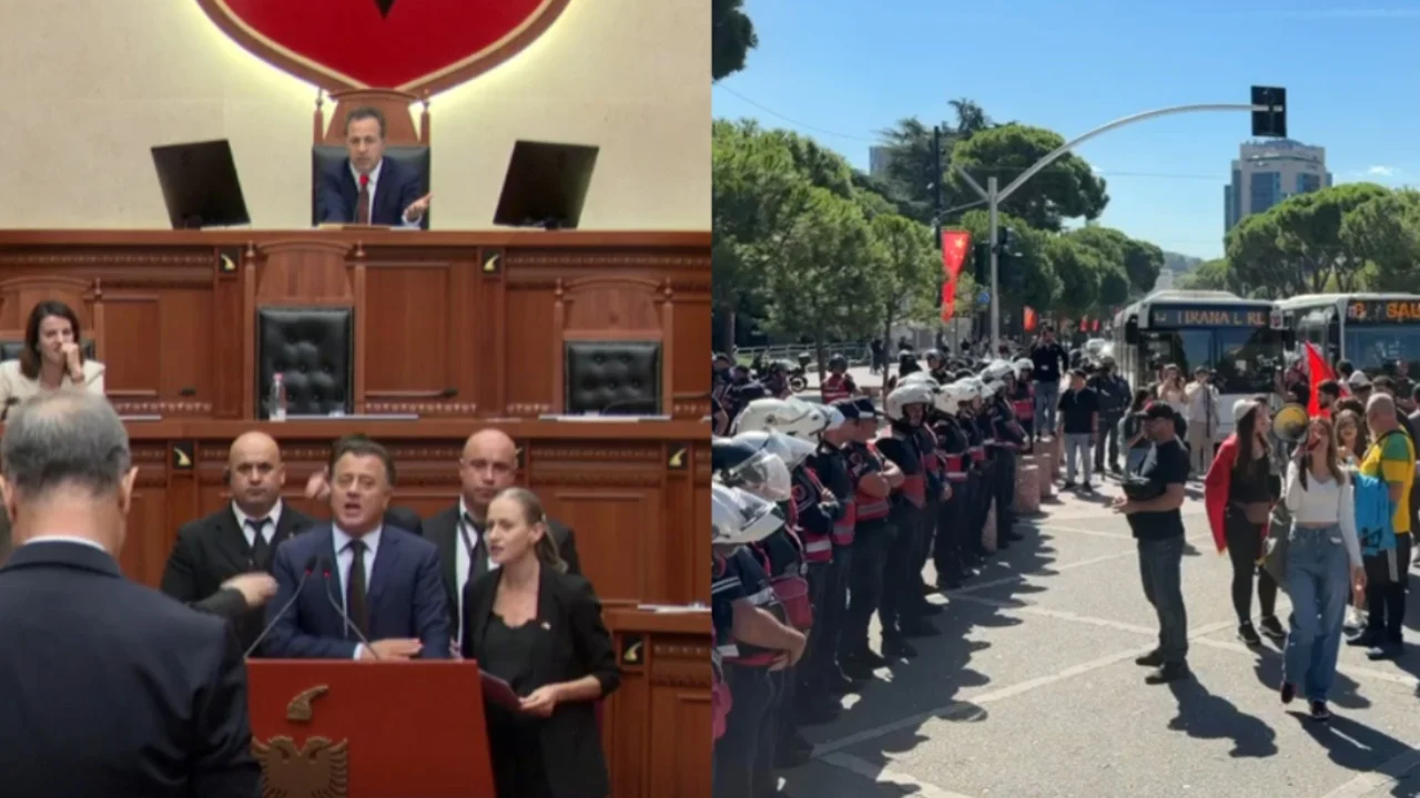 Tensione në Parlament  protestë dhe përplasje me Policinë jashtë Kuvendit  opozita bllokon foltoren  Ndërpritet seanca