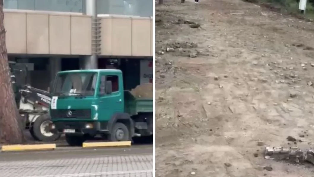 Merren masa te Kryeministria  punonjësit e bashkisë  asgjësojnë  vetë pllakat e betonit nga trotuaret për të mos u përdorur nga tubuesit